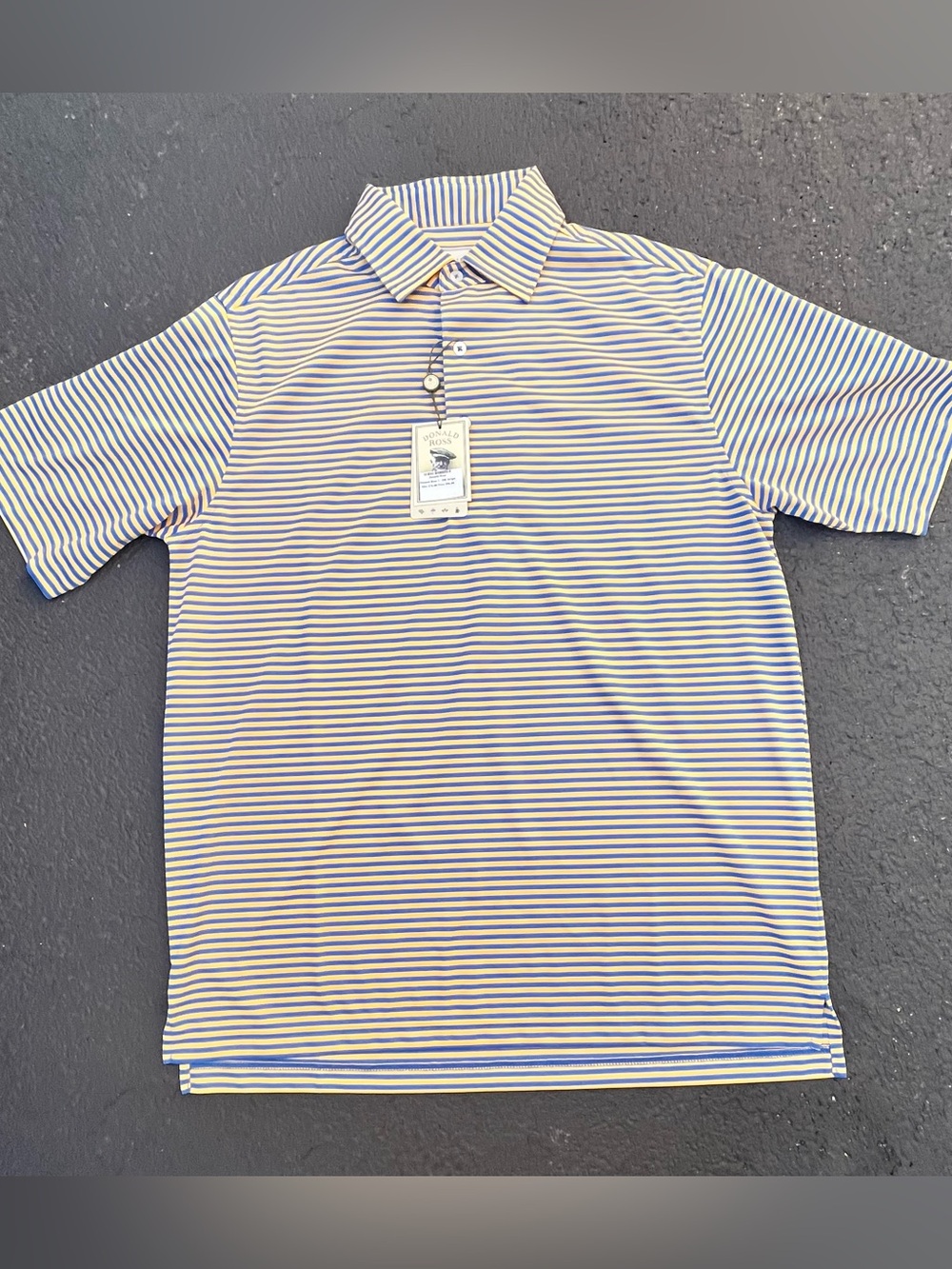 Donald Ross Men’s blue yellow striped performance golf polo Shirt size S BNWT
